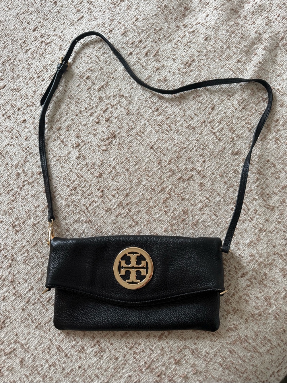 Tory Burch Black Pebbled Leather Crossbody with Gold Logo